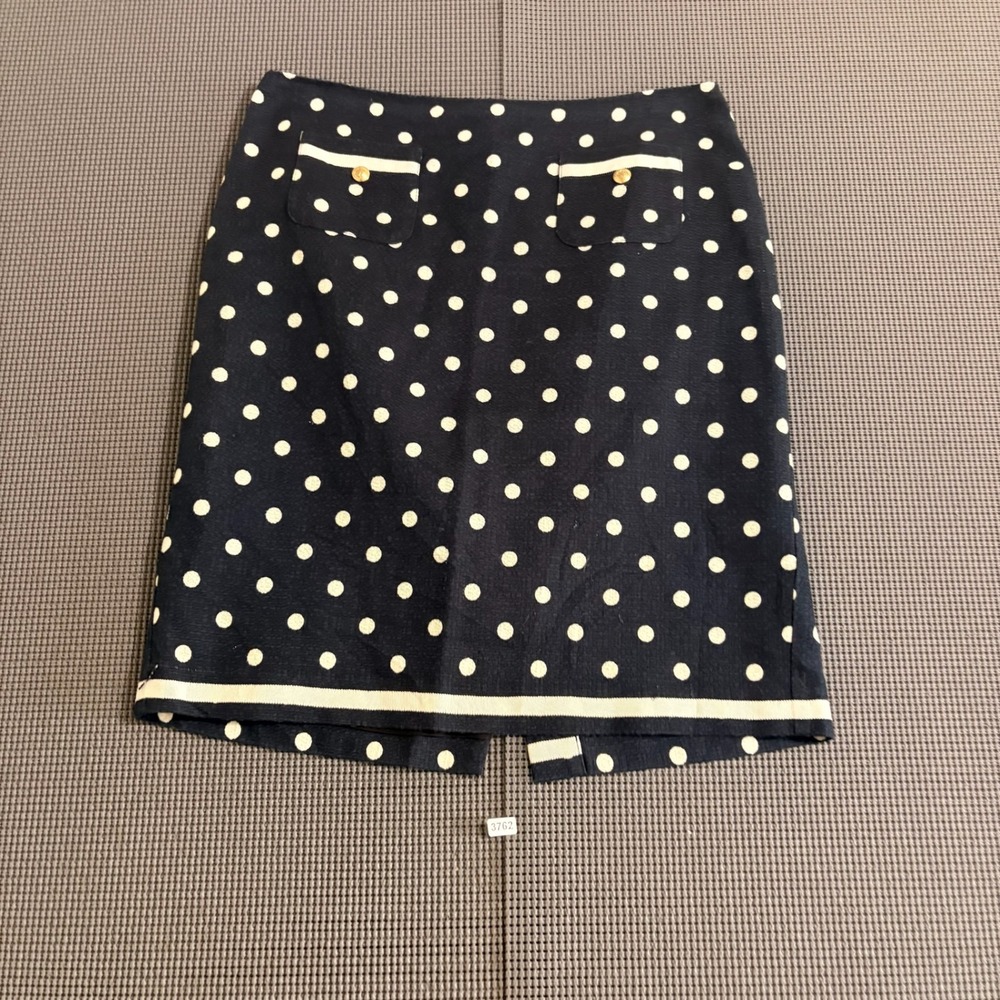 Talbots Petites Womens 8P Navy Blue Polka Dot Pencil Skirt Gold Button Pockets